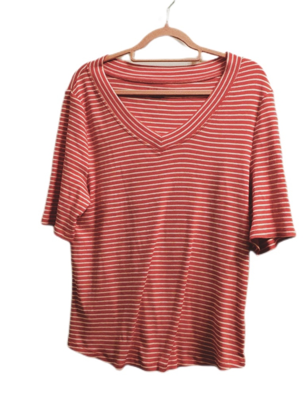 Talbots Coral and White Striped V-Neck Short Sleeve Tee
